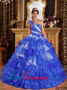 One Shoulder Blue and White Ruffles and Beading Pretty Quinceanera Dress
