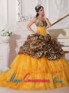 Orange Ball Gown Sweetheart Sweep / Brush Train Leopard and Organza Appliques New style Quinceanera Dress
