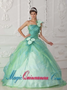 Perfect Quinceanera Dresses In Apple Green Ball Gown One Shoulder With Organza Beading and Hand Flower