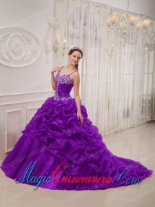 Purple Ball Gown Spaghetti Straps Court Train Organza Beading New style Quinceanera Dress