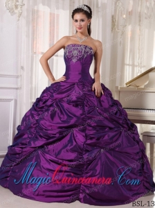 Purple Ball Gown Strapless Floor-length Taffeta Embroidery Formal Sweet 16 Dresses