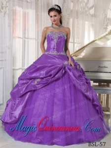 Purple Ball Gown Strapless Floor-length Taffeta and Tulle Appliques Popular Sweet 16 Dresses