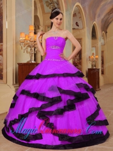 Purple and Black Strapless Floor-length Organza Appliques New style Quinceanera Dress