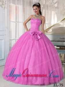 Rose Pink Ball Gown Sweetheart Floor-length Tulle Beading and Bowknot Inexpnesive Sweet 16 Dresses