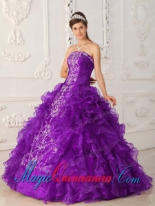Satin and Organza Embroidery Purple Ball Gown Strapless Pretty Quinceanera Dress