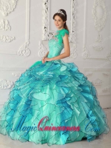 Strapless Floor-length Satin and Organza Beading Pretty Turquoise Ball Gown Quinceanera Dress