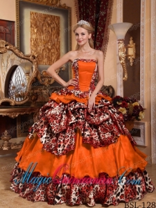 Strapless Orange Red Ball Gown Taffeta and Leopard Pick-ups Pretty Quinceanera Dress
