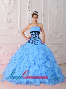 Sweet Strapless Floor-length Appliques and Ruffles Aqua Blue Pretty Quinceanera Dress