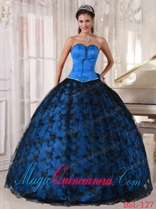 Sweetheart Blue and Black Floor-length Tulle and Taffeta Lace Romantic Sweet 15 Gowns