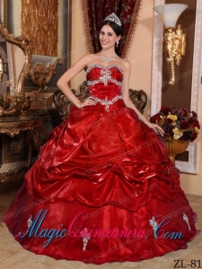 Wine Red Ball Gown Strapless Floor-length Organza Appliques Cute Sweet 16 Dresses