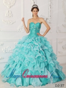Aqua Blue A-Line / Princess Sweetheart Taffeta and Organza Beading Sweet 15 Quinceanera Dresses