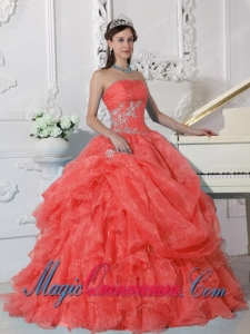 Ball Gown Strapless Floor-length Organza Beading Pretty Quinceanera Dress in Orange Red