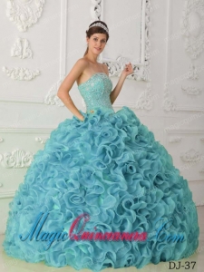 Blue Ball Gown Strapless Floor-length Organza Beading Cheap Sweet 15 Dresses