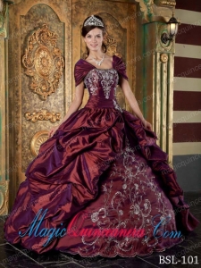 Burgundy Ball Gown Strapless Floor-length Taffeta Embroidery Latest Sweet 15 Dresses