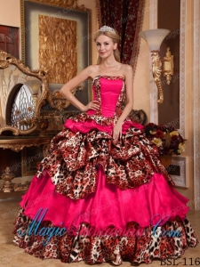 Coral Red Ball Gown Strapless Floor-length Taffeta and Leopard Pick-ups Spring Quinceanera Dress