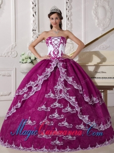 Fuchsia and White Ball Gown Strapless Floor-length Organza Appliques Inexpensive Sweet 15 Dresses