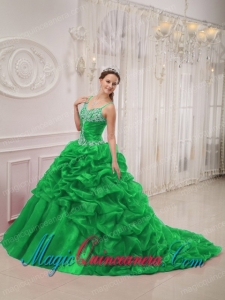 Green Ball Gown Spaghetti Straps Court Train Organza Beading Spring Quinceanera Dress