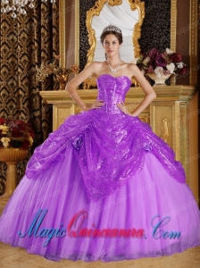 Purple Ball Gown Sweetheart Floor-length Sequined and Tulle Handle Flowers Romantic Sweet 16 Dresses