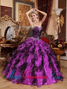 Purple and Black Sweetheart Organza Beading and Ruffles Pretty Quinceanera Dress