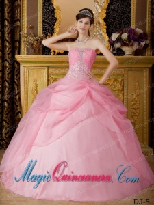 Rose Pink Ball Gown Strapless Floor-length Organza Beading Cute Sweet 15 Dresses