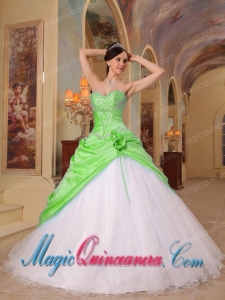Spring Green and White A-Line Sweetheart Beading Tulle and Taffeta Pretty Quinceanera Dress