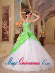 Spring Green and White A-Line Sweetheart Beading Tulle and Taffeta Pretty Quinceanera Dress