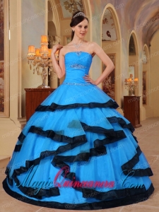 Strapless Floor-length Organza Appliques Pretty Quinceanera Dress in Aqua Blue and Black