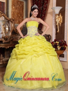 Strapless Floor-length Organza Appliques Yellow Ball Gown Pretty Quinceanera Dress