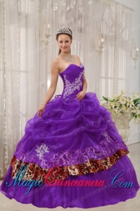 Sweetheart Purple Ball Gown Organza and Zebra or Leopard Appliques Pretty Quinceanera Dress