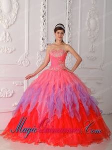 Watermelon Ball Gown Sweetheart Organza Pretty Quinceanera Dress with Beading and Ruching