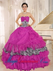 Wholesale Hot Pink Sweetheart Ruffles Perfect Quinceanera Dresses With Zebra and Beading