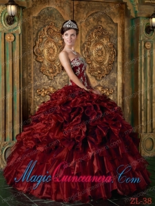 Wine Red Ball Gown Strapless Floor-length Organza Ruffles Spring Quinceanera Dress