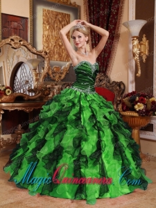 Ball Gown Green and Black Sweetheart Beading and Ruffles Romantic Sweet 16 Dresses