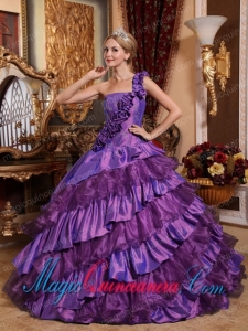 Ball GownOne Shoulder Taffeta and Organza Hand Made Flowers Remarkable Sweet 15 Dresses