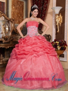 Coral Red Ball Gown Strapless Floor-length Organza Appliques Cute Sweet 15 Gowns