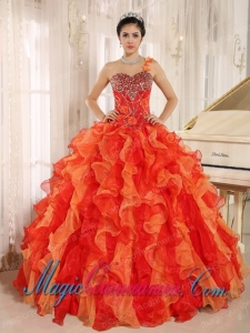 Custom Made Orange Red One Shoulder Beaded Decorate Ruffles Pretty Quinceanera Dress In Spring