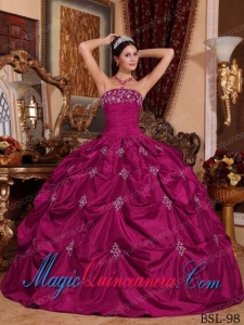 Elegant Ball Gown Strapless Taffeta Appliques Quinceanera Dress in Fuchsia