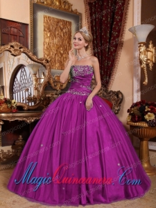 Elegant Ball Gown Strapless Taffeta and Tulle Appliques Quinceanera Dress in Fuchsia