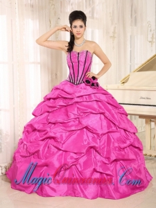 Exclusive Hot Pink Beaded and Hand Made Flowers Sweet 16 Gowns With Pick-ups