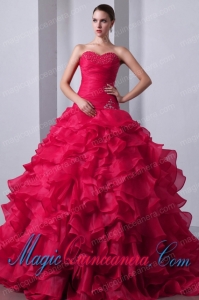 Hot Pink A-Line Sweetheart Organza Beading and Ruffles Pretty Quinceanea Dress with Brush Train