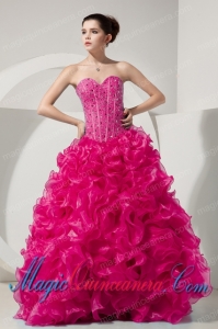 Hot Pink A-line / Princess Sweetheart Floor-length Organza Beading Pretty Quinceanera Gown