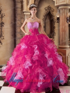 Hot Pink Ball Gown Strapless With Organza Beading and Ruffles Sweet 15 Quinceanera Dresses