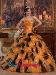 Orange and Black Ball Gown Strapless Floor-length Organza Spring Quinceanera Dress