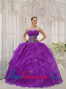 Purple Ball Gown Strapless Floor-length Organza Beading Spring Quinceanera Dress