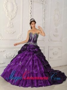 Purple Ball Gown Sweetheart Chapel Train Taffeta and Organza Appliques Spring Quinceanera Dress