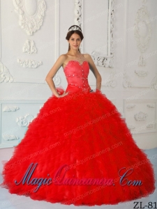 Red Ball Gown Sweetheart Floor-length Satin and Organza Beading Remarkable Sweet 15 Gowns