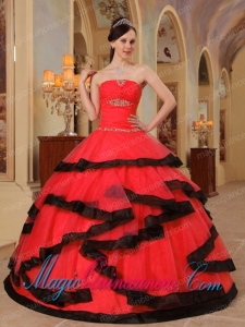 Red and Black Strapless Floor-length Appliques Spring Quinceanera Dress