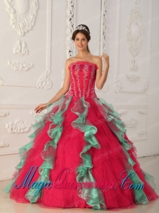 Red and Green Ball Gown Strapless Floor-length Appliques and Beading Spring Quinceanera Dress