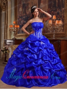 Royal Blue Ball Gown Strapless Floor-length Appliques Taffeta Elegant Sweet 16 Dresses