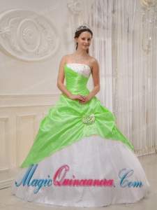 Spring Green and White Strapless Floor-length Beading Spring Quinceanera Dress